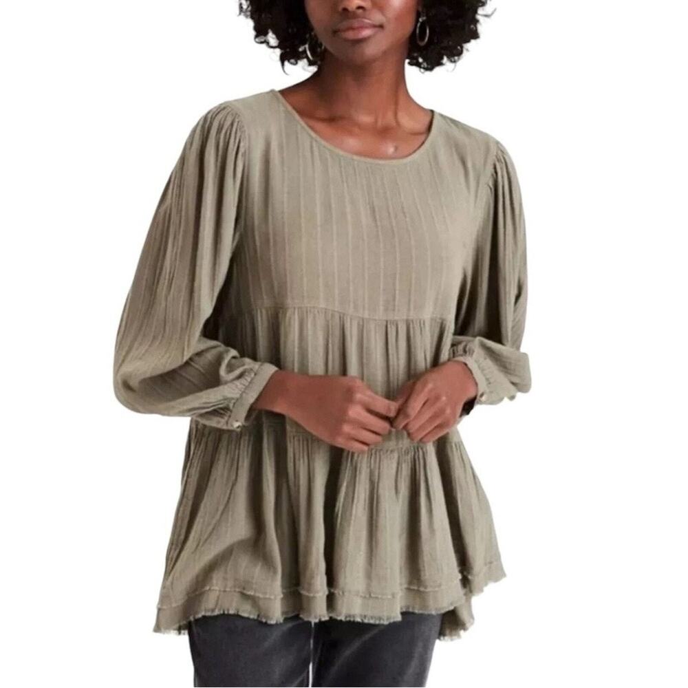 American Eagle Womens Tiered Peasant Top XS Olive Green Boho Granola Earthy Fall